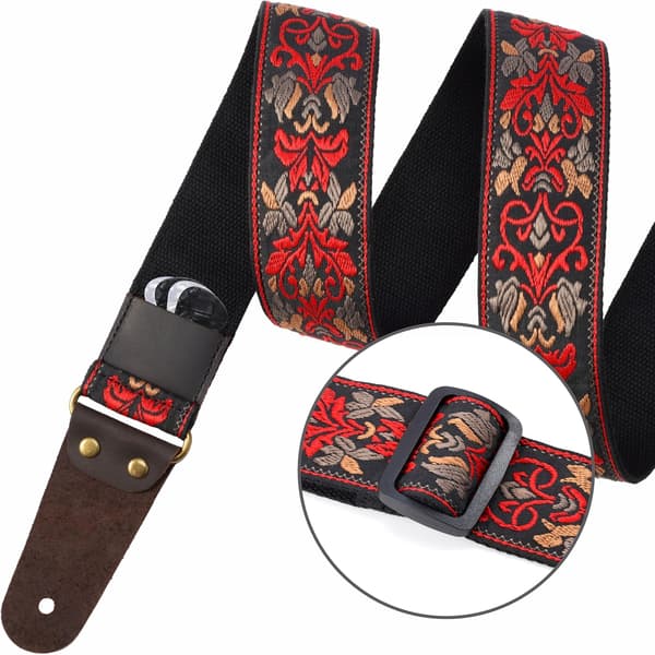 Röd - Broderad gitarrrem, läderrem med osynlig ficka, för bas, elgitarr och akustisk gitarr