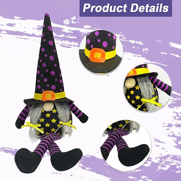 Halloween-tonttu LED-valolla, pitkät jalat, käsityönä valmistettu, pehmeä, ruotsalainen tonttu, istuva Tomte, pohjoismainen patsas, violetti