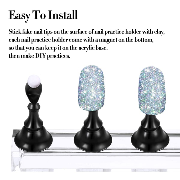 2 sett Akryl Nail Design Practice Stands Magnetic Nail Holders Training Fingernegle Display Stands DIY Nail Crystal Holders (svart)
