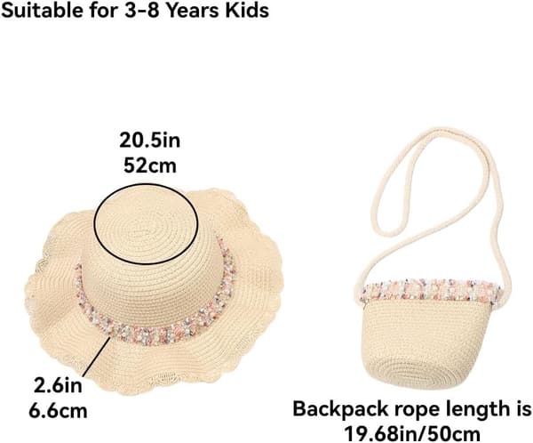 Sommer stråhat taskesæt, søde brede skygge floppy strand solhatte med vævet skulder udendørs outfit sæt til piger beige medium Beige Medium
