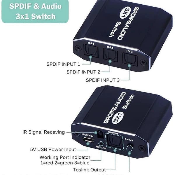 VG2 3x1 Audio Switch SPDIF Optisk Switch 3 Ind 1 Ud Digital Toslink Vælger til Hjemmebiograf