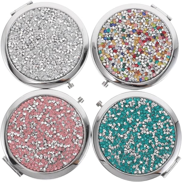 4 Pcs Portable Pocket Mirrors with Crystal Rhinestones, Double-Sided Round Compact Makeup Mirrors, Silver
