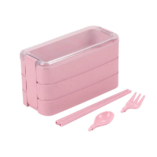 Stackbar Bentolåda, Lunchlåda-set med Sked & Gaffel, 3-i-1 Fack, Vetehalm Matlåda Pink