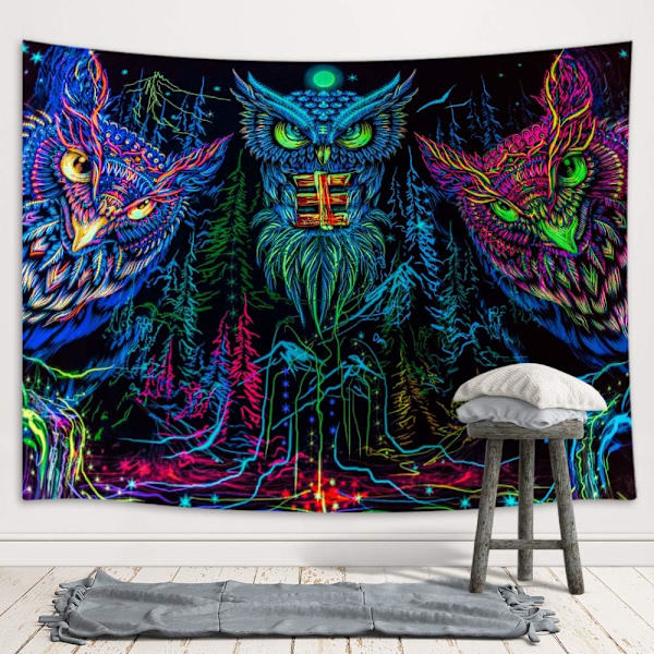 Psykedelisk Uggletapet, Konsttapet Väggbonad för Sovrum, Måne Djur Fågel Svartljus Tapet Heminredning 150 X 100CM