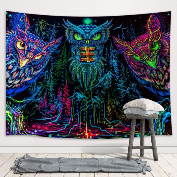 Psykedelisk Ugle Vægtæppe, Kunst Vægtæppe Væghængning til Soveværelse, Månedyrsfugl Sortlys Vægtæppe Hjemmeindretning 150 X100CM