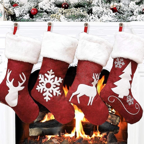 Set Of 4 Christmas Stockings, 45cm Christmas Stocking Hanging Classic Reindeer Christmas Decoration For Family Party Xmas New Year