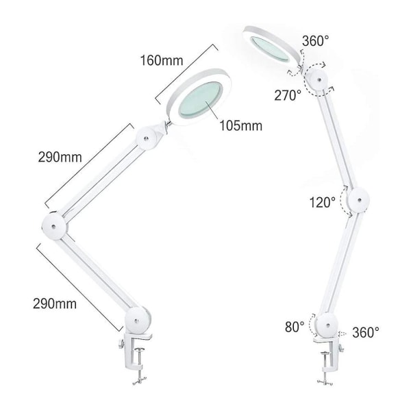 LED-suurennuslamppu, työpaikkalamppu, kosmetiikkalamppu, 5x suurennos, tehokas työlamppu linssin kanssa, 1100 lumenia, himmennettävä, kirkas, leukojen kanssa, kääntyvä