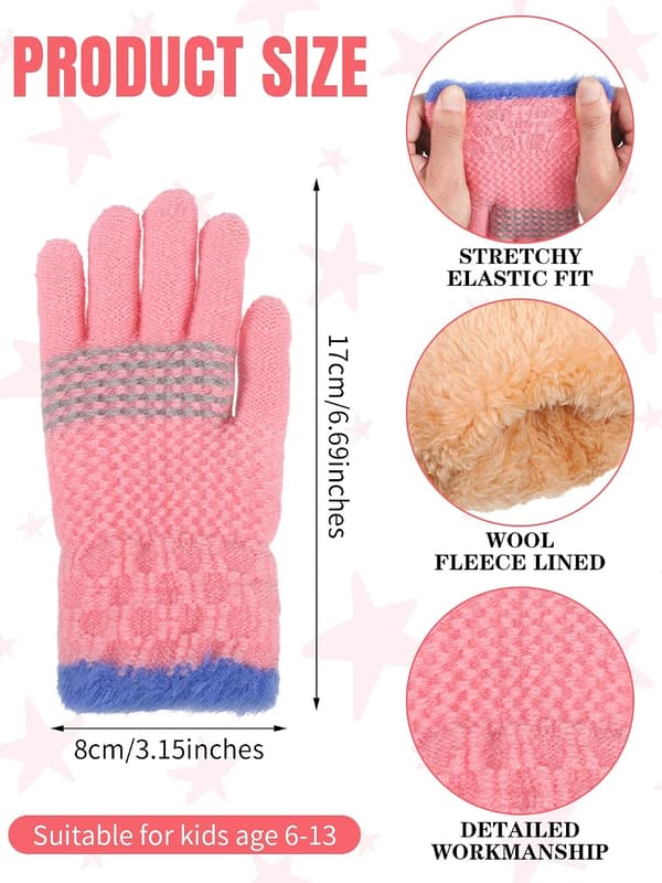 2 par vinterstickade handskar barn pojkar flickor varma termiska kabelstickade 5-12 år ullfleecefodrade vantar rosa, grå Pink, Gray