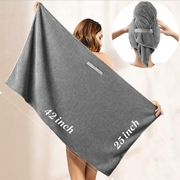 Stor mikrofiber hårhåndklædeindpakning til kvinder, anti-krustørrende håndklæde med elastisk strop, hurtigtørrende turbaner til våde, lange, superbløde indpakninger mørkegrå