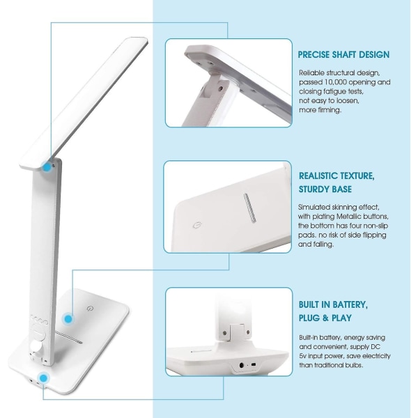 Bordlampe LED, 1200mah Genopladelig Berøringsstyret Bordlampe Med 3 Farver Og 3 Lysstyrke Niveauer, Tid, Temperatur, Ur, Hukommelsesfunktion Til Læsning