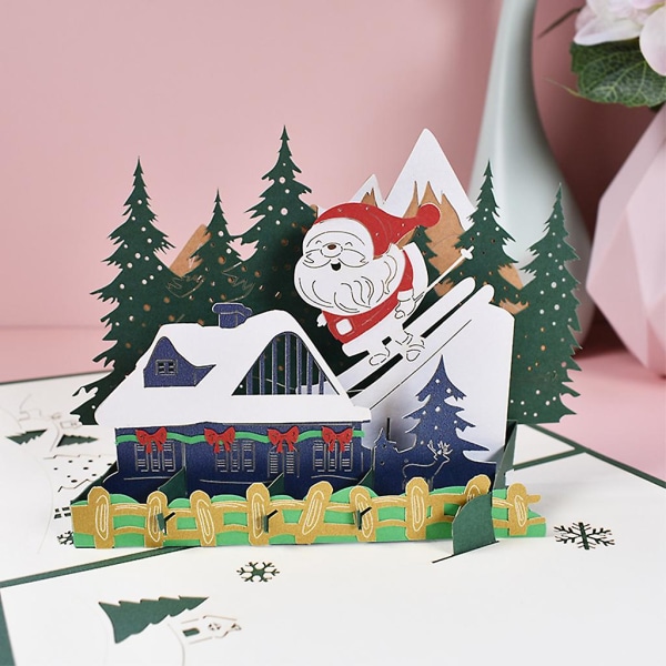 Handgjord Pop Up-hälsningskort med Kuvert Träd Tomte Julgåva Inbjudan