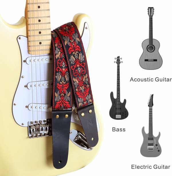 Röd - Broderad gitarrrem, läderrem med osynlig ficka, för bas, elgitarr och akustisk gitarr