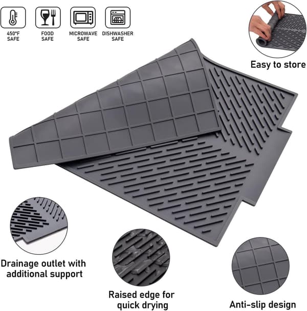 Grey 17 * 13 inch, Silicone Dish Drying Mat with Drainage