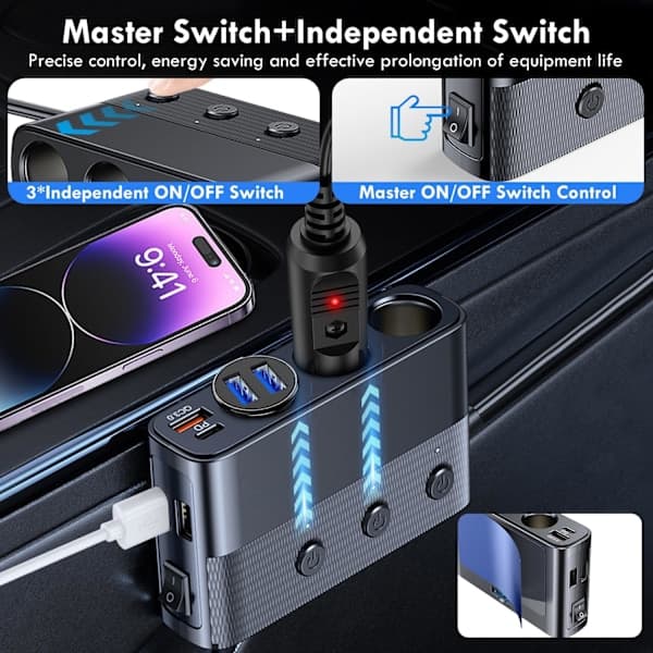 127W 3-way Car Cigarette Lighter Adapter USB QC 3.0 PD Dual USB 12V 24V Cigarette Lighter Socket with Individual Switch LED Voltmeter