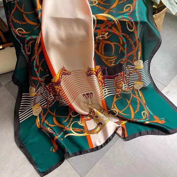 Equestrian Chain Print Rectangular Scarf/Shawl Silky Feel, Baroque Vintage Style