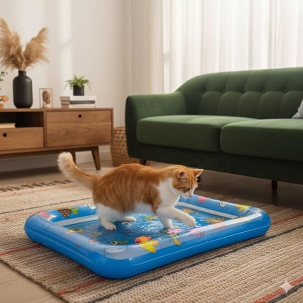 Anti-grip cat play mat with water sensor, refreshing pool in summer, educational and sensory for cats, cute square