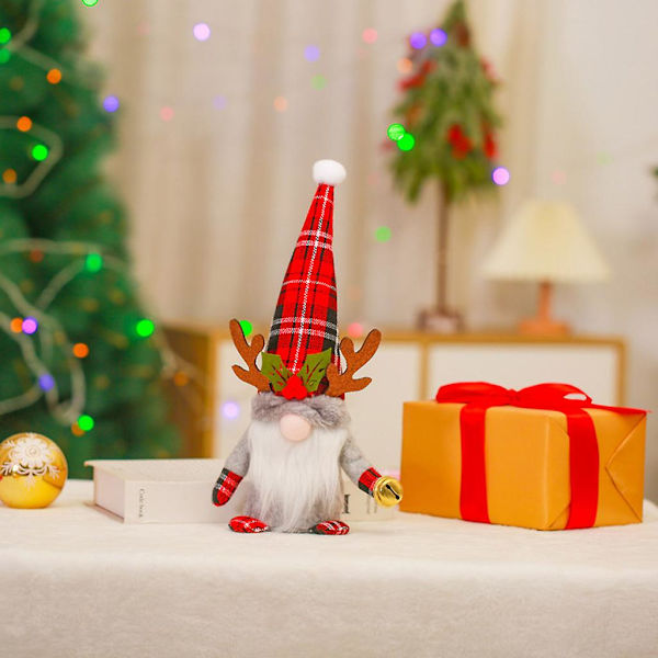Julgranspynt Rutiga Hjorthorn Handgjord Svensk Tomte Gnome Plysch Jultomte Elf Typ A