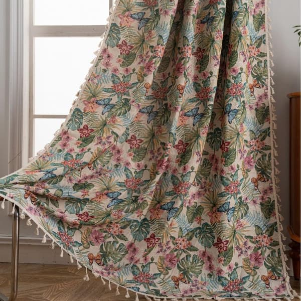 Jacquard bomullsgardin med blad- og blomstermønster - 1 lysreduserende panel - 150 x 160 cm