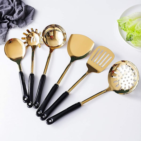 Set med köksredskap i rostfritt stål 304 - 7 delar - Gyllene bred spatel - Soppslev, Slev, Öppen spatel, Spagettislev och Rislev - B