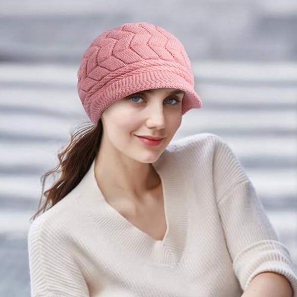 Rosa Koselig Vinterlue med Øreklaffer i Ull for Jenter og Kvinner - Strikket Ski-Beret Newsboy Beanie
