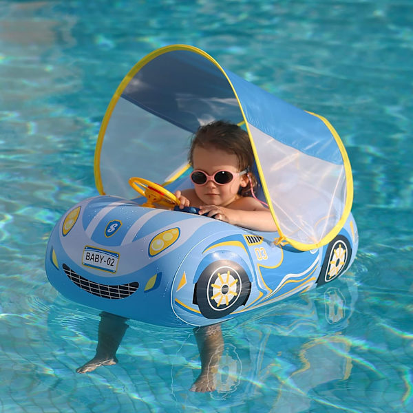 Oppustelig Pool Flydelegeme Babybil Svømmeflydelegeme med Justerbar Kaleche og Sikkerhedssæde Swimming Pool Legetøj til Børn 1-4 År Gamle
