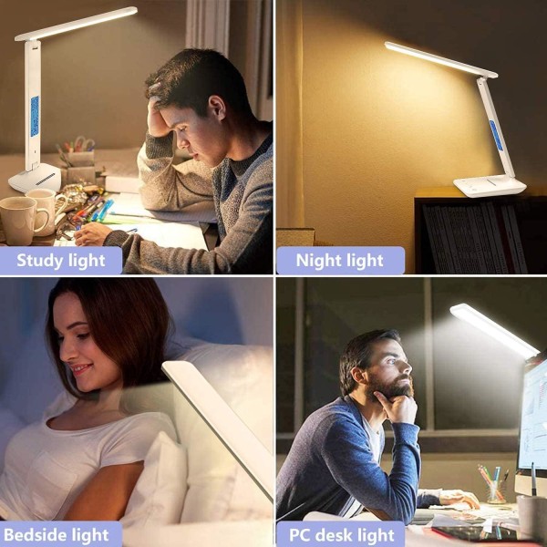 Skrivebordslampe, LED-bordlampe med trådløs lader, USB-ladeport, justerbar sammenleggbar bordlampe med klokke, alarm, da