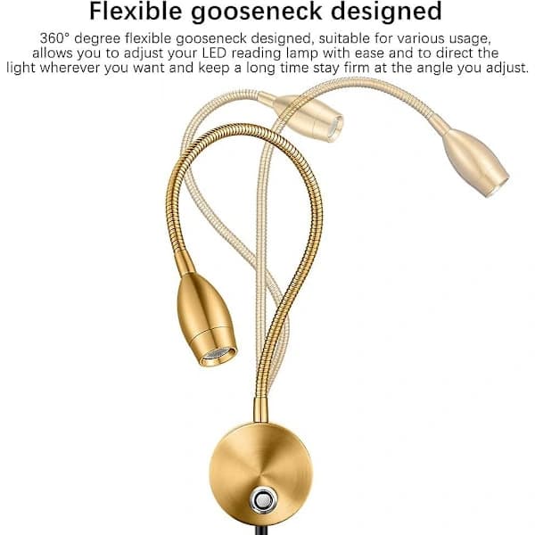 HA-Dimmable LED Reading Lamp, Wall Mounted Bedside Lamp, Flexible Gooseneck with Touch Dimmer, Plug, 3 Color Modes, 2-Pack