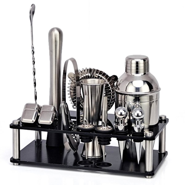 Cocktail Shaker Set med Akrylställ, 16-delad Set, Presenter till Män Pappa Farfar, Rostfritt Stål Barten Silver 16pcs