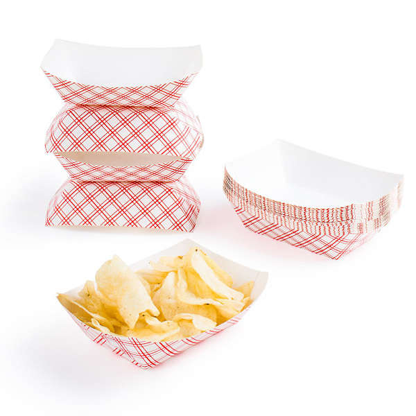 3LB Paper Hot Dog -tarjotin punavalkoisessa kuviossa. Pakkaus 25. Kertakäyttöinen, punainen ruudullinen ruokatarjotin seuraavaan juhlaan, grillijuhlaan tai karnevaaliin
