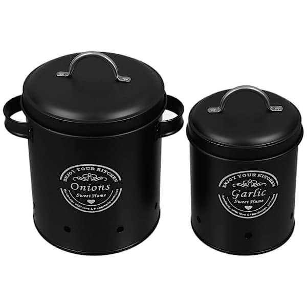Rustic Jar Set for Kitchen Vegetable Storage Jars with Lids Metal Jars for Onion Garlic Potatoes Set Ventilation Holes Black 2 pcs