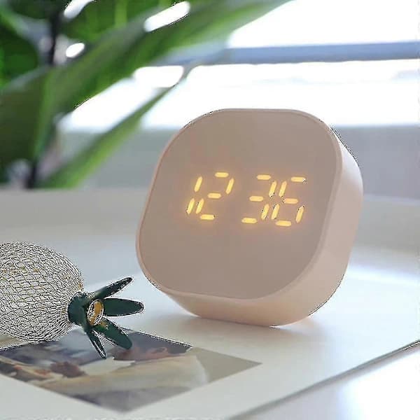 HA~Firkantet Lille Vækkeur Lysstærk Lydløs LED Multifunktionel Digital Ur Lampe Rosa