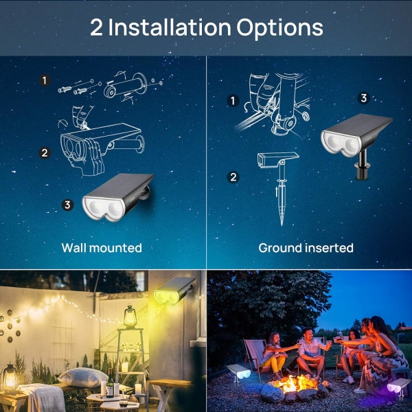 Flerfarget Utendørs Solcellelys, 7 LED Solcellelamper Vanntette IP67, Justerbart Solcellelys med 2 Lysmoduser, Farget