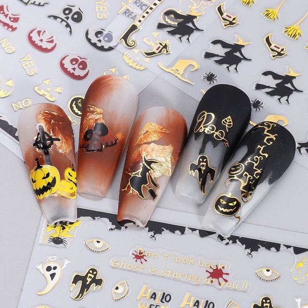 5 ark Halloween Nail Art-klistremerker, søt edderkoppnett gresskarskalle Flaggermus Spøkelse Witch 3D Golden Design selvklebende