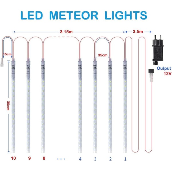 Meteorskur 30cm 10 Spiralrør 300 LED Vandafvisende Sneisikler Faldende Lysstreng Til Bryllup Træ Have Julepynt, Understøtter 3 Sæt Krog