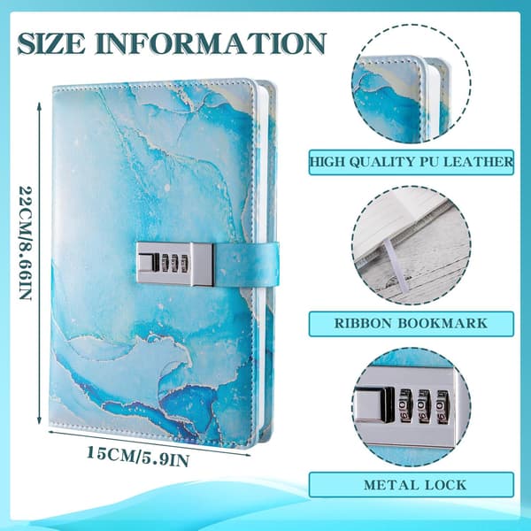 A5 Notebook with Lock - PU Leather Combination Lock Diary - Sky Blue - Secure Closure Journal