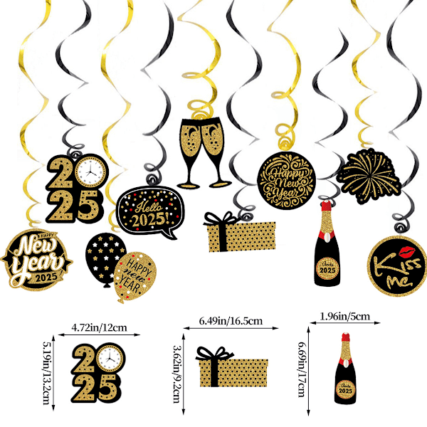 10 stk. Sort Guld 2025 Hvirvlende Streamers Banner, Børneophæng Dekoration Varig Overraskelse, til Glad Nytårsaften Fest