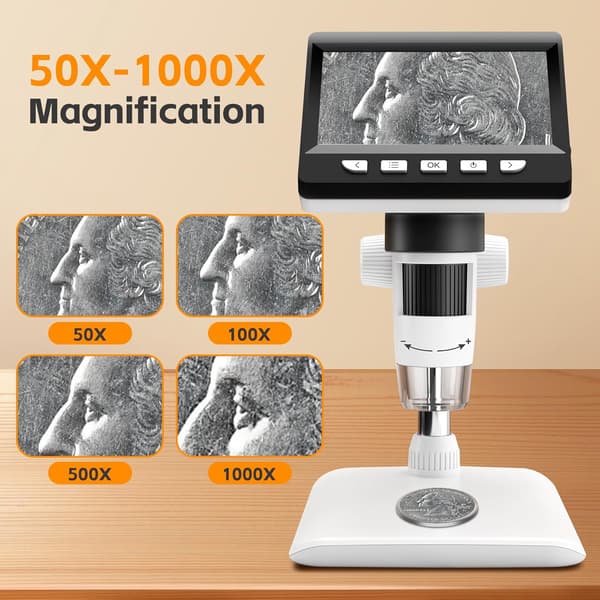 Digital Microscope for Kids/Adults, 4.3-inch Screen, 50-1000x Magnification, 8 Adjustable LED Lights.
