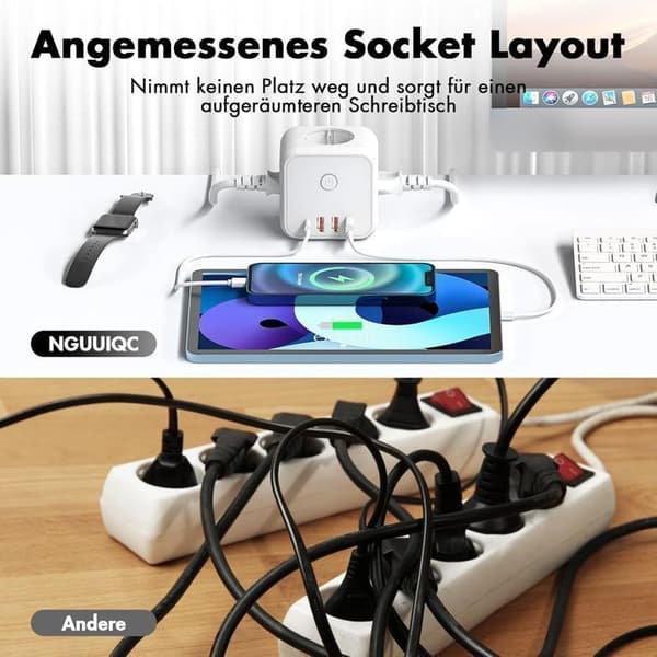 Multi-Power Kubuttak med Strømbryter - 20W PD Hurtiglading - 3 USB-A og 1 USB-C Uttak - 15m Forlengelseskabel - Hvit PZCC