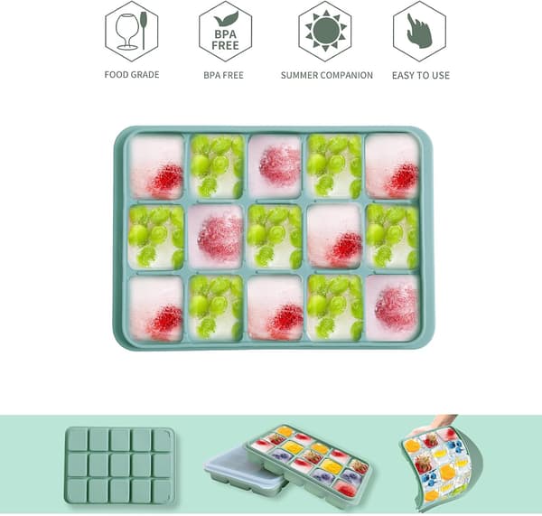 Ice Cube Tray Set (2-pack), Easy Release, 15 Flexible Silicone Ice Cube Molds with Removable Lids, Reusable, Stackable, Suitable for Whiskey.