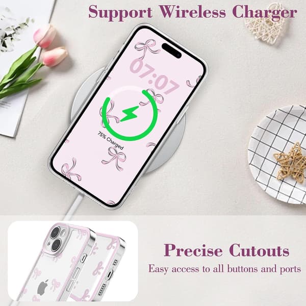 iPhone 15 Case, Transparent Cute Ribbon Bow Pattern Aesthetic Transparent Phone Case Raised Camera Protection Stylish Slim - Pink
