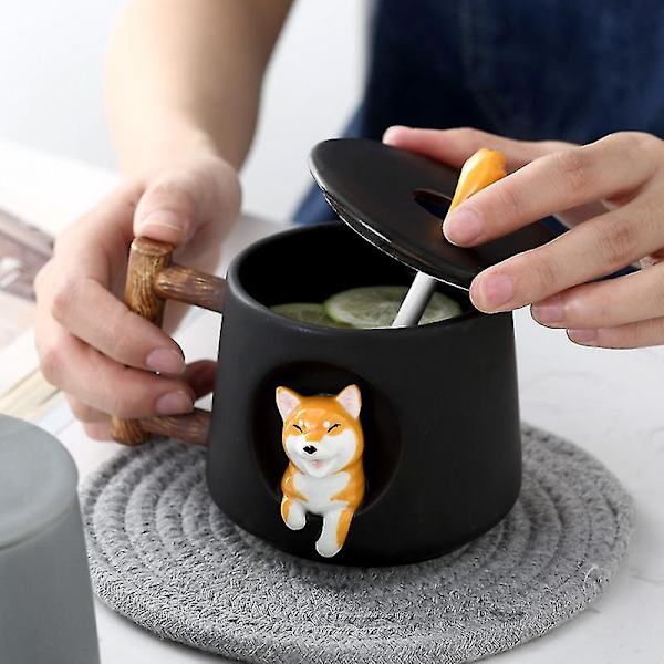 3D Söt Hund Kaffekopp Keramisk Tekopp Med Lock & Sked Cartoon (420ml)