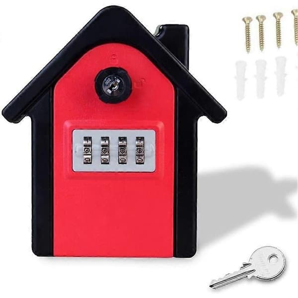 House-shaped 4-digit Combination Lock Box with 2 Keys Large Space Secure Metal Storage for Home, Office, Hotel Red Red