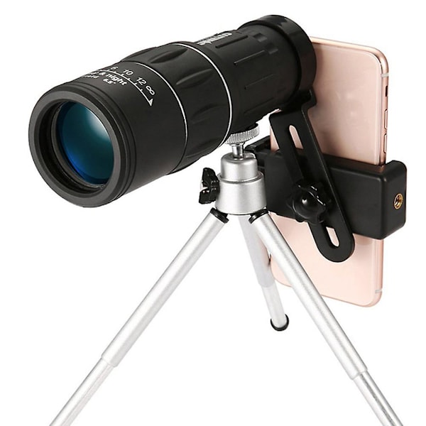 16x52 Zoom Optisk HD Linse Monokular Teleskop + Stativ + Klip Til Universal Telefon Sort