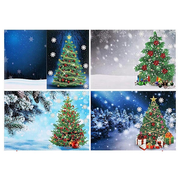 4 stk 5D Julekort DIY Håndlagde Diamantmalerisett Juletre Hilsenerkort med konvolutt for julehilsengave