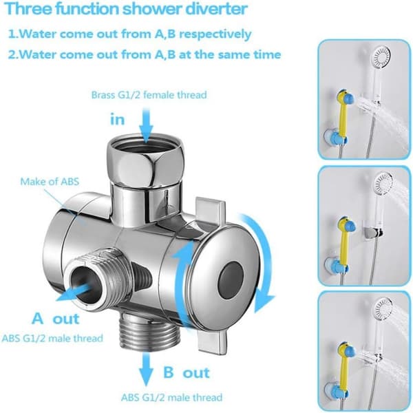 Brusearm Omleder Ventil til Håndholdt Brusehoved og Fast Sprayhoved, G 1/2 3-vejs T-adapter, Badeværelse Universal Brusesystem Komponent Re