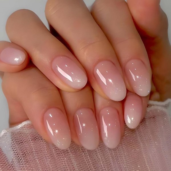 Korta Lösnaglar Mandel Press-on Naglar Nude Gradient Nageltippar Full Cover Söta Falska Naglar för Kvinnor och Flickor 24 st