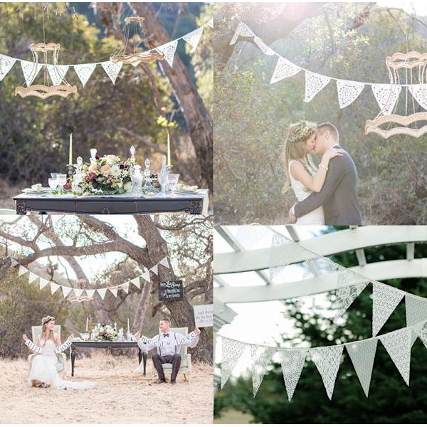 Foldbare Helt Hvide Banner Lace Bunting til Fødselsdagsfestfejringer Helt Nye