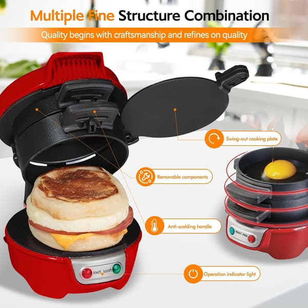 Electric Sandwich Maker, Muffin and Burger Machine, Toaster with Egg Ring and Non-Stick Baking Plate