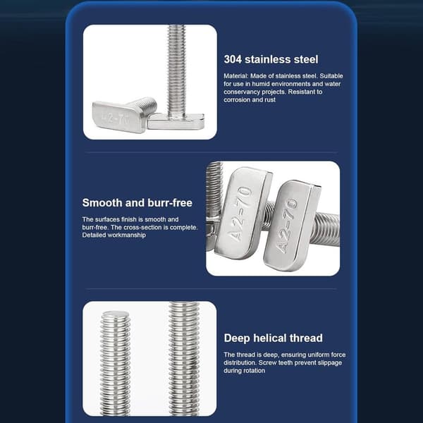 T-slot bolts, sliding hammer head, for track systems, steel with threaded nuts, adjustable fastener for rack mounting projects