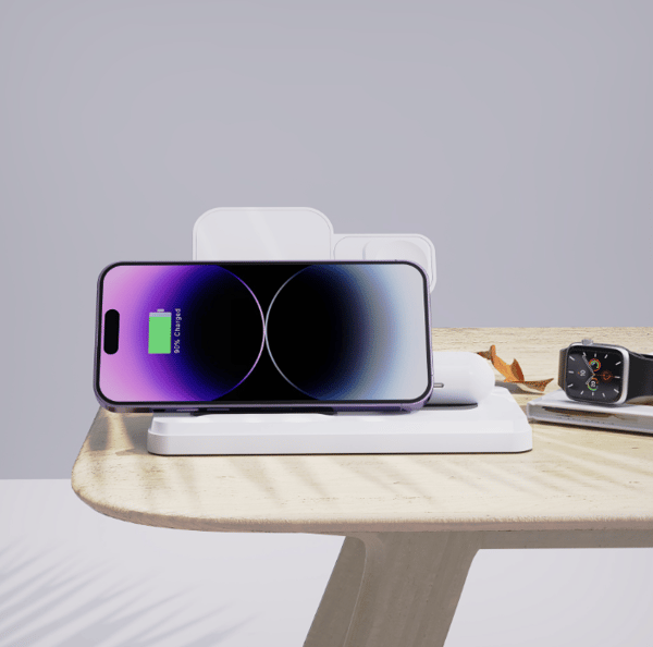 Hvid induktionsoplader 3-i-1, 15W trådløs oplader med foldbar